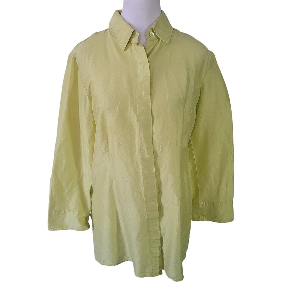 Chico's Size 1 US M 100% Silk Neon Yellow Button Up Collared Top Business Office